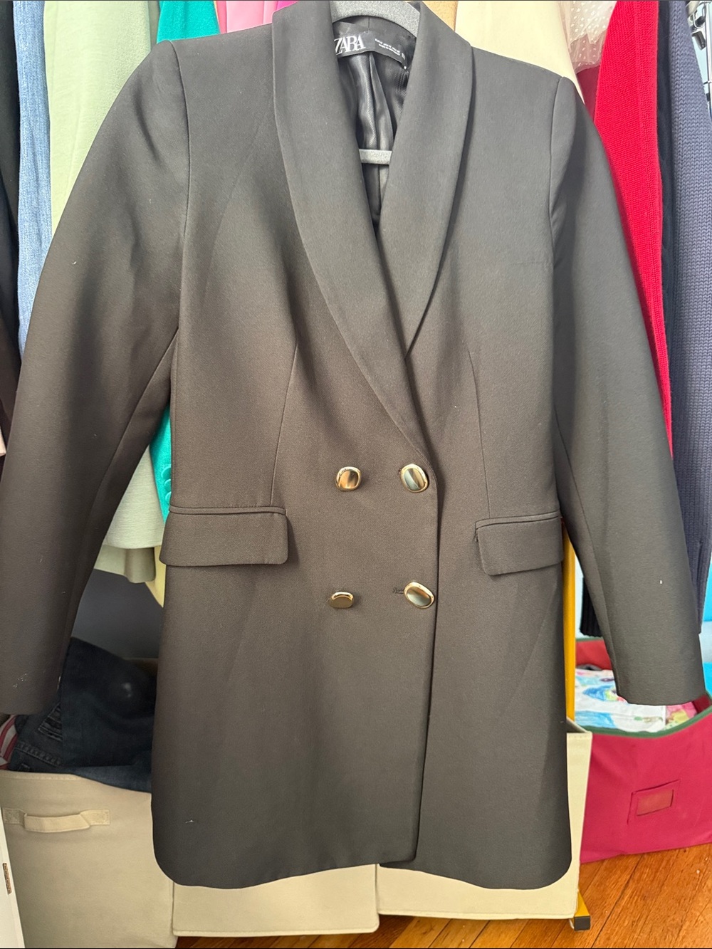 Zara Black Double-Breasted Blazer with Gold Buttons